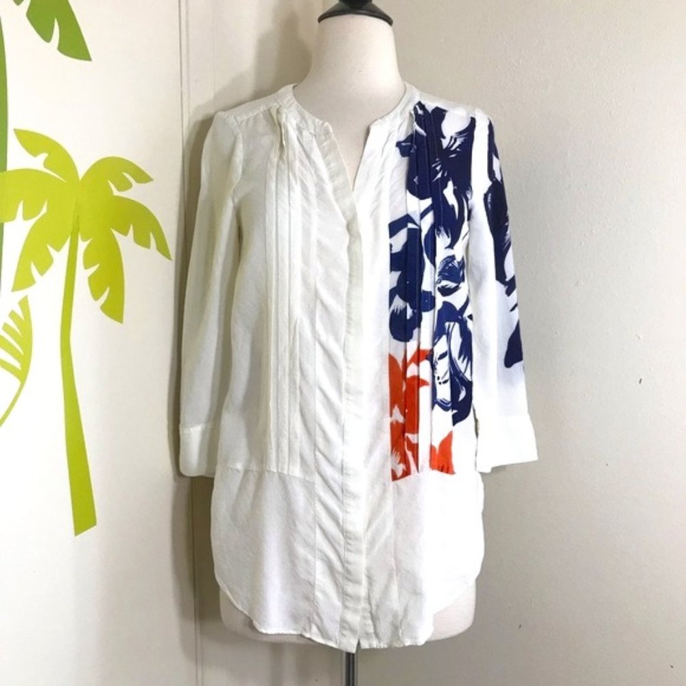 Anthropologie Maeve White Pleated 3/4 Sleeve Top